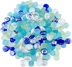 ROOFOO Frosted Replica Sea Glass Gems Ocean Style Flat Marbles Aquarium Pebble Stones for Bowl Vase Fillers,Craft Mosaics,Garden Plants Decor,Fountain,Sea Blue,Clear,Dark Blue,Green,1.5 LB