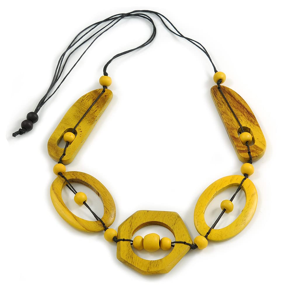 Avalaya Long Geometric Antique Yellow Painted Wood Bead Black Cord Necklace - 90cm Max/Adjustable