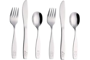 ANNOVA Children's Flatware 6 Pieces Set - Stainless Steel Cutlery/Silverware 2 x Safe Forks, 2 x Dinner Knife, 2 x Dinner Spoon - Safe Kids Toddler Utensils Lunch Box (Engraved Dog Cat Bunny)