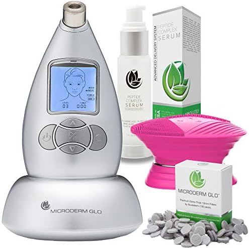 Microderm GLO Advanced Skincare Bundle Includes Diamond Microdermabrasion System, 10mm Filters 100 pack, Peptide Complex Serum, Sonic Facial Cleansing Brush. Perfect Anti Aging Treatment Kit (Silver)