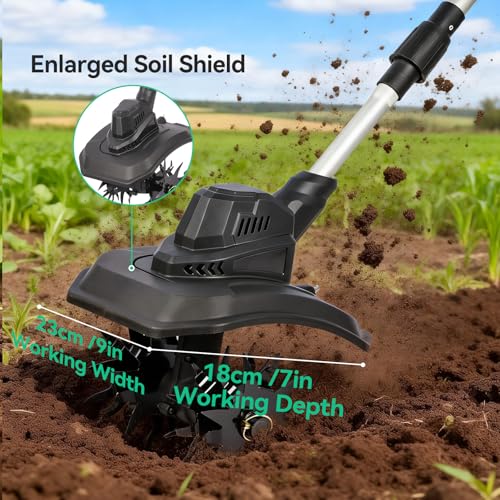 Battery Tiller with Shoulder Strap & Digital Display | Brushless Motor 500W | Width 23 cm | Compatible Makita Batteries 18 V & DeWalt 20 V | Cordless Electric Motorcycle 21 V