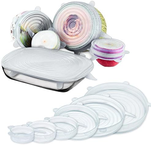 Silicone Stretch Lids – 6 Pack of Various Sizes – Reusable &amp; Durable Silicone Food Saver Covers for Bowls, Cans, Plates, Pots, Mugs &amp; Mason Jars (White)