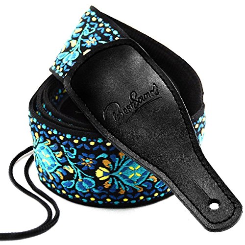 BestSounds Guitar Strap Vintage Hootenanny Jacquard Weave & Genuine Leather End Shoulder Strap for Bass, Electric,Acoustic Guitars (Black)