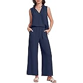 ROYLAMP 2025 Women'S Summer 2 Piece Outfits Sleeveless Ruffled V Neckline Tops High Waisted Pants Sets