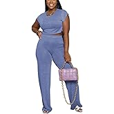 2 Piece Outfits for Women Short Sleeve Crop Top High Waist Wide Leg Long Pant Sets Sleepwear Sport Set