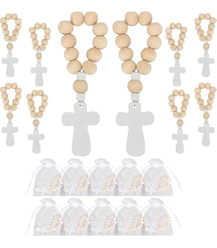 Wood Cross Necklace Wooden Rosary Baptism Favors - 10 Pcs Cross Pendants With White Mesh Bags For First Communion First Communion Gifts