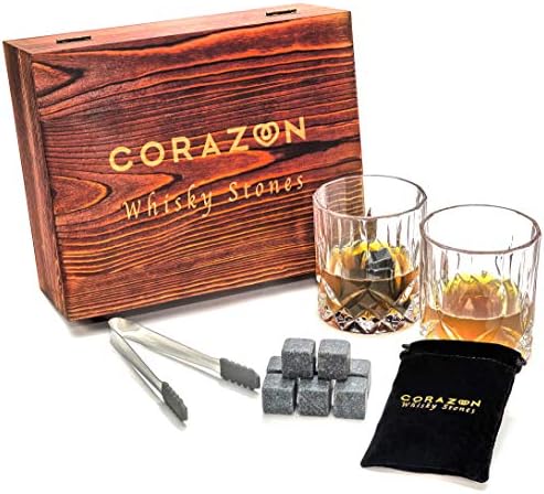 Whisky Stones and Glasses Gift Box Set - A Perfect Luxury Gift for The Whiskey Lover - Chilling Whiskey Rocks for The Perfect Drink Not Diluted - Set of 2 Whisky Glass Tumblers with Stones and Tongs