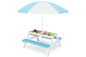 Costzon Kids Picnic Table with Sensory Bins, 4 in 1 Sand and Water Table with Height Adjustable Umbrella, Removable Tabletop,