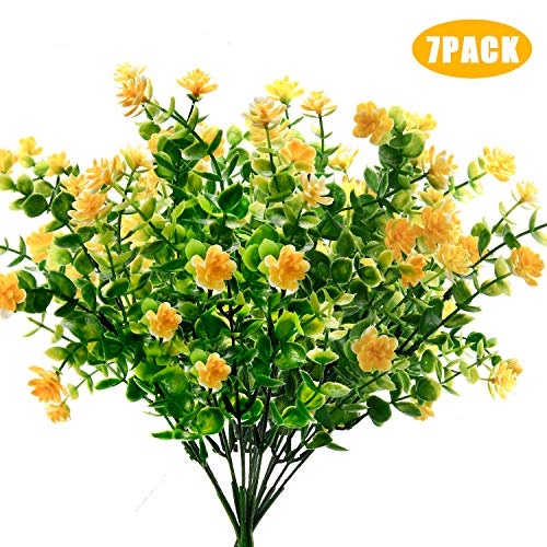 Artificial Flowers Artificial plants Fake Flowers Fake Plants UV Resistant Plastic Plants for Outdoor Indooror,Garden,Weeding Decoration, Yellow(7 pack)