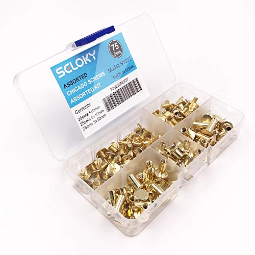 Seloky 75 Sets Gold Chicago Screws Assorted Kit 1/4 3/8 1/2 Inches Screw Posts Metal Accessories Nail Rivet Chicago Button for DIY Leather Decoration Bookbinding Round Flat Head Stud Screw