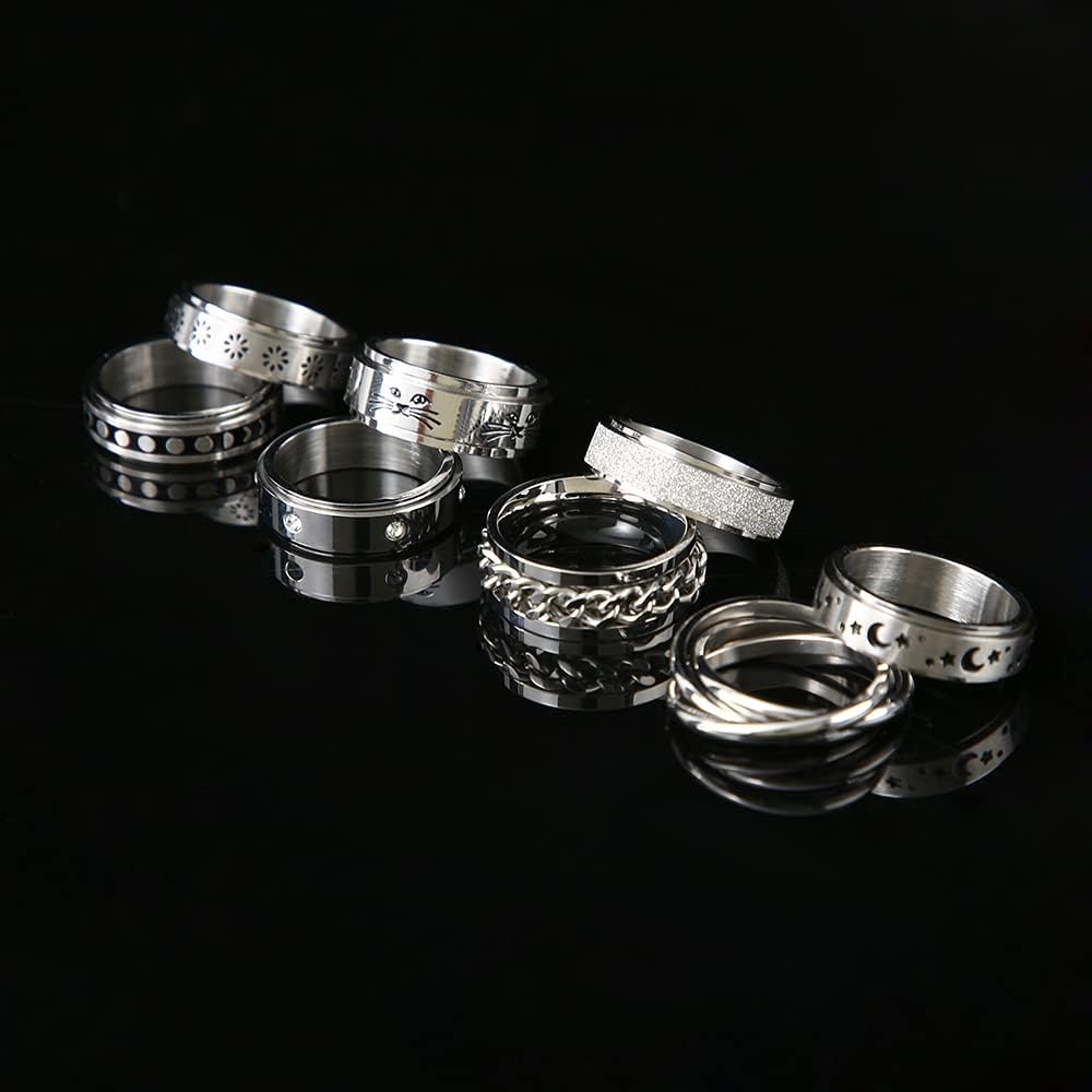 WFYOU 8Pcs Stainless Steel Fidget Rings for Women Men Anxiety Rings Moon Star Matching Rings Cuban Link Chain Ring Flower Cat Spinner Band Rings Set: Jewelry
