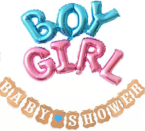 Aerfas Baby Shower Banner with BOY and GIRL Foil Balloon Set for Newborn Baby Shower, Photo Props Photography, Kraft Paper Heart Bunting Balloons Party String Christening Decoration (Blue)