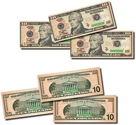 Best Real Looking US Play Money, Double Sided, Smaller Size 4.8" x 2", 4 Packs of $10 bills, 25 bills per pack, The #1 Seller For Education, Play, Fun, Props