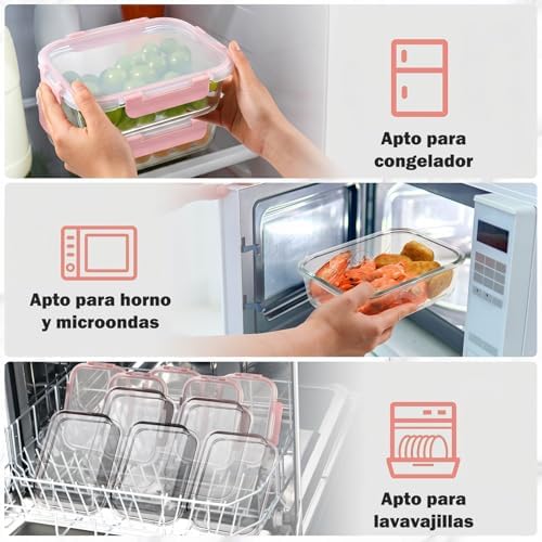 10 Piezas Recipientes de Vidrio con Tapas Herméticas, Reutilizables, Apto para Microondas, Horno, Congelador y Lavavajillas, Sin BPA, Fiambrera Cristal, Rosa