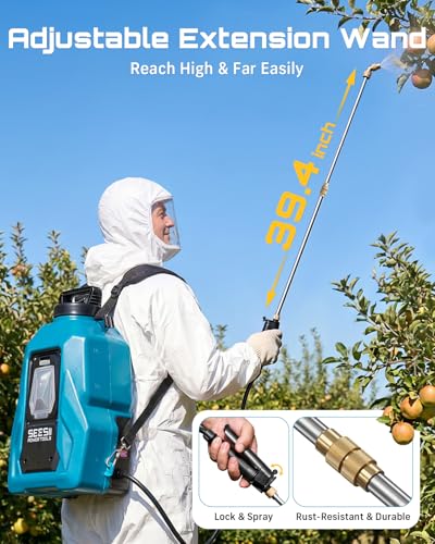 SEESII Backpack Sprayer Battery Powered, Leak-Proof 5-Gallon, Dual Battery Electric Sprayer with Telescopic Brass Wand & 7 Nozzles, 100 PSI Adjustable Pressure for Weed Lawn Garden Pest Control