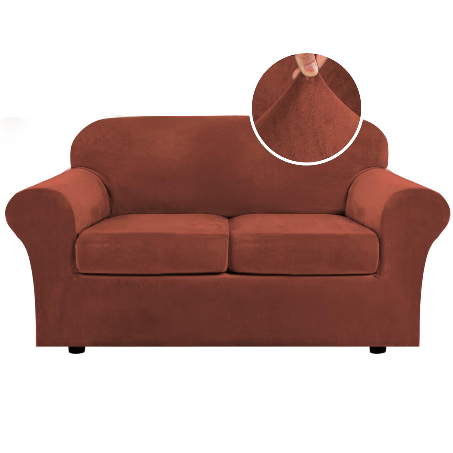 Photo 1 of H.VERSAILTEX Real Velvet Plush 3 Piece Stretch Sofa Covers Couch Covers for 2 Cushion Couch Loveseat Covers (Base Cover Plus 2 Individual Cushion Covers) Thick Stay in Place (Medium Sofa, Rust)