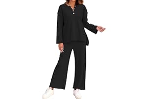ROYLAMP Womens 2 Piece Outfits Oversized Long Sleeve Button Crew Neck Top Long Pant Trendy Lounge Casual Sweatsuit 2024