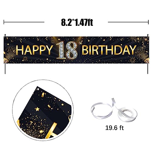 Mokonate Happy 18th Birthday Banner Black Gold Happy Birthday Sign Banner Backdrop Happy Birthday Yard Sign for Kids 18 Years Old Party Decorations Supplies