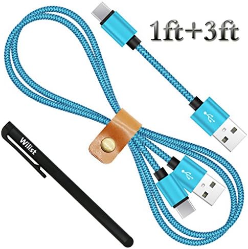 Wilist 2 Pack 1ft + 3ft Short and Long Nylon Braided USB Type C Cable USB C 3.1 to USB A Adapter Data Sync Charging Cord Support Quick Charge 3.0 or 2.0 Charger for USB-C Connector Devices Blue