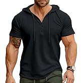 Lingt Chic Men's Casual Short Sleeve Hoodie Pullover with Buttons and Drawstring Soft Muscle Fit Athletic Workout Top