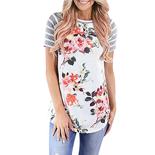 Pengy Clearance Women Short Sleeve Striped Floral Printed Blouse Shirt Tops (M, White)