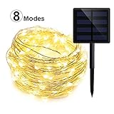 Solar String Lights, GEEKHOM Ourtdoor Waterproof Warm White Starry Fairy Lights, 33 feet 100 LED 8 Modes Copper Wire Ambient Decorative Rope Lights for Garden Patio Lawn Xmas Tree Party Wedding