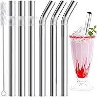 Vannise Stainless Steel Smoothie Straws, 0.4' Extra Wide Reusable Metal Drinking Straws for Milkshake, Boba, Smoothie, Beverage, Set of 6 with 1 Cleaning Brush (3pcs 10.5' Bent |3pcs 8.5' Straight)