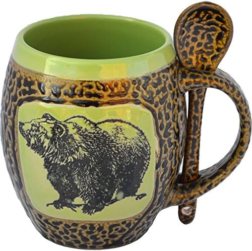 Bear Mug with Spoon in Avocado Green Glaze - Handmade Ceramic Coffee Mug - Stylish and Unique Handcrafted Artistic Drinkware - Polished Clay Cups, Great for Coffee, Tea, and More