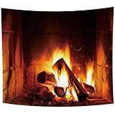 Haoyiyi 33.9x27.6 Inches Burning Fire Tapestry Christmas Wood Fireplace Bright Brick Wall Hanging Vintage Merry Elements Festival Celebrate Wall Tapestry for Living Room Decor