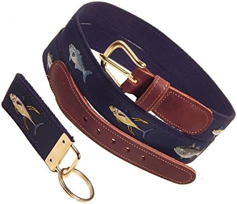 Preston Leather Classic Ribbon Belt, 4 Fish, Navy, Navy Web, Sizes 30 to 50, Free Matching Key Ring