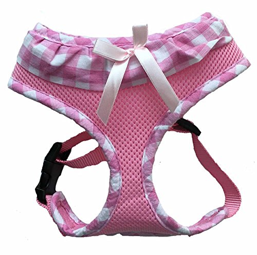 Lanyar Pink Checkered Frills Fashion Pet Dog Cat Harness Plaid Summer Mesh Harness,Small Neck 8"