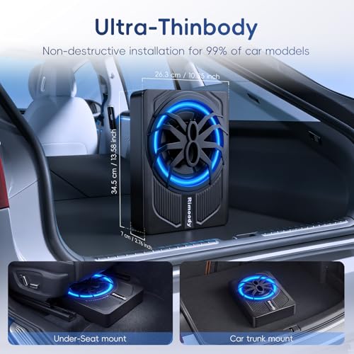 Rimoody Car Subwoofer, 10 Inch, 1000W Max, 400W RMS, Low Profile, Phase Control, 0-180°, Bass Boost 0-18dB, Under Seat Installation with LED Mood Lighting Blue