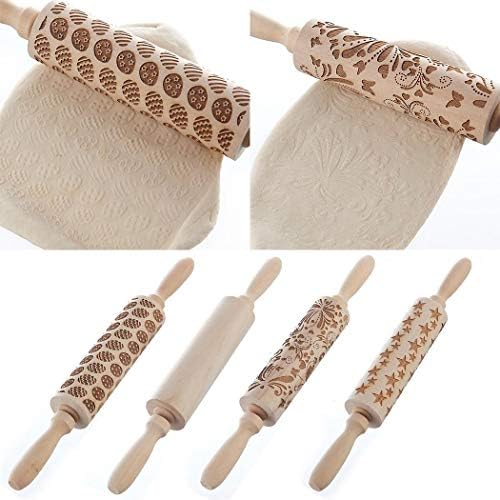 minlop Christmas 3D Wooden Rolling Pins for Baking, Engraved Embossing Rolling Pin for Cookies - Waffles Pastry Dough Pie with Pattern Xmas New Year Creative Gift