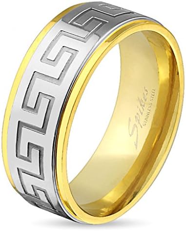 8mm Two Tone Gold Tone Plated Greek Key Center 316L Stainless Steel Wedding Band - Size 11