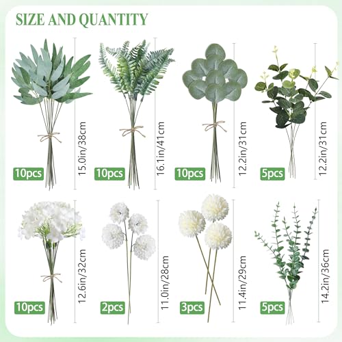 ROLLWAY Pack of 55 Artificial Branches & Artificial Flowers, White Flowers Leaves, Artificial Decorative Branches, Art Flowers, Artificial Flower Bouquet, Eucalyptus Hydrangeas for DIY Bouquet, Bridal Bouquet, Wedding (55, White)