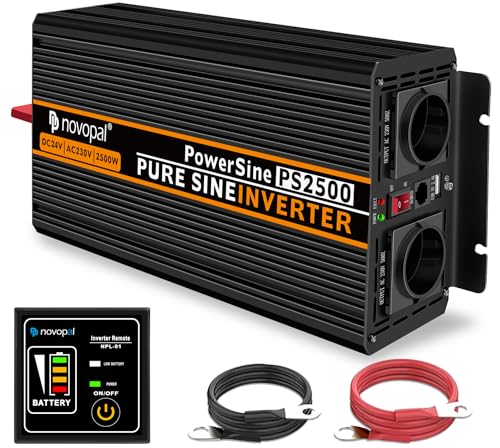 Novopal -2500W 5000W Pure Sine Wave Inverter Power Transformer Converter - DC 12V to AC 220V 230V 240V Voltage Inverter - 2 EU Socket with USB Output - 5 Meters Remote Control