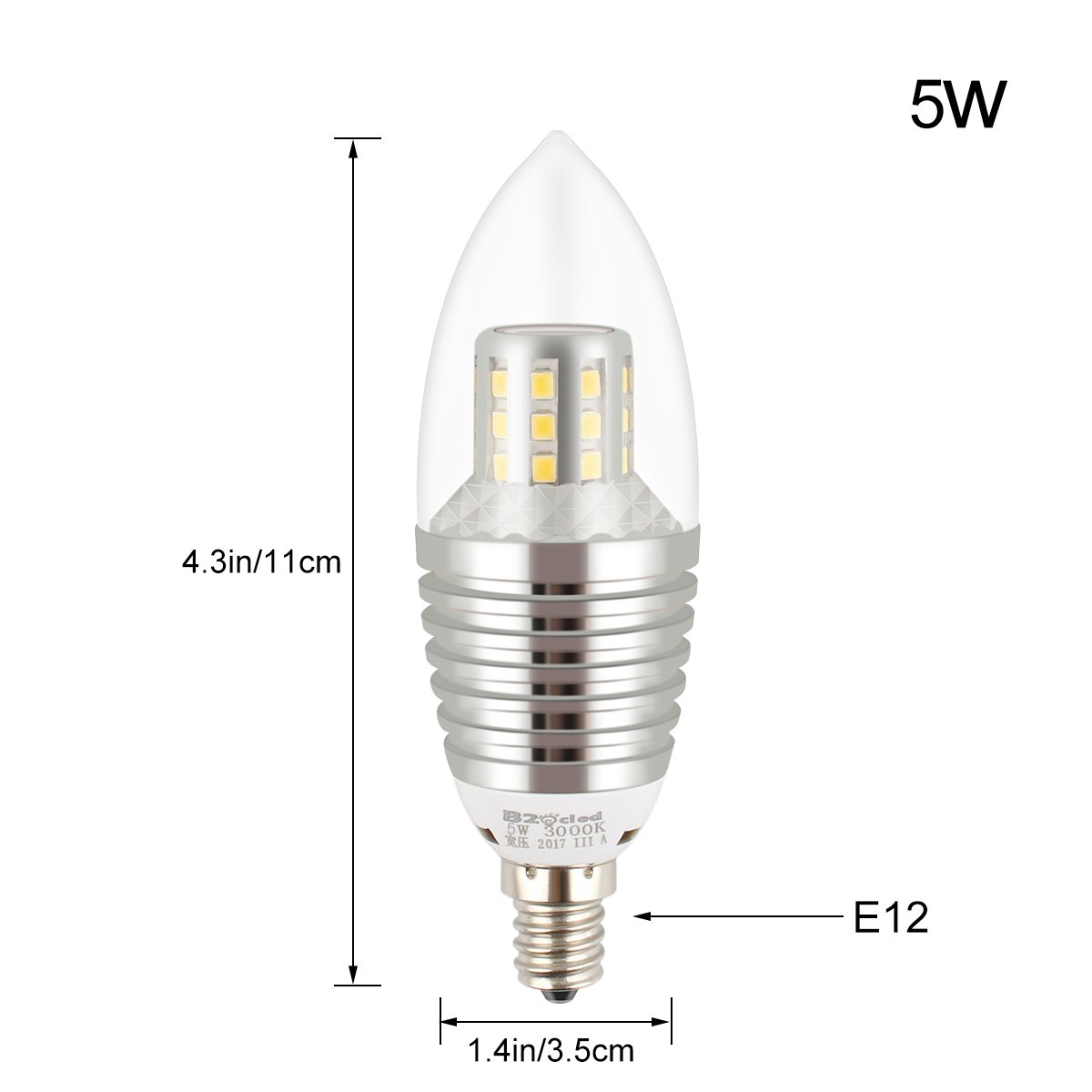 B2ocled- E12 LED Candelabra Base Bulb 5W, Warm White 3000K LED Candle Bulbs, 40 Watt Incandescent Bulb Replacement, 450 Lumens LED Lights, E12 Base Torpedo Shape (6 Pack)