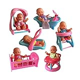 The New York Doll Collection Mini Bathtub Set of 6, - Mini Dolls with Infant Seat, Cradle, Highchair, Walker, and Swing for ages 3 and up.