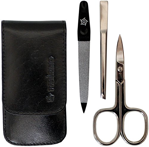 Pfeilring Germany - Manicure, Pedicure, Grooming Set, Nail Scissors, Sapphire Nail File & Tweezers, Hand Glazed, Top Grain Leather Case, 3 Piece