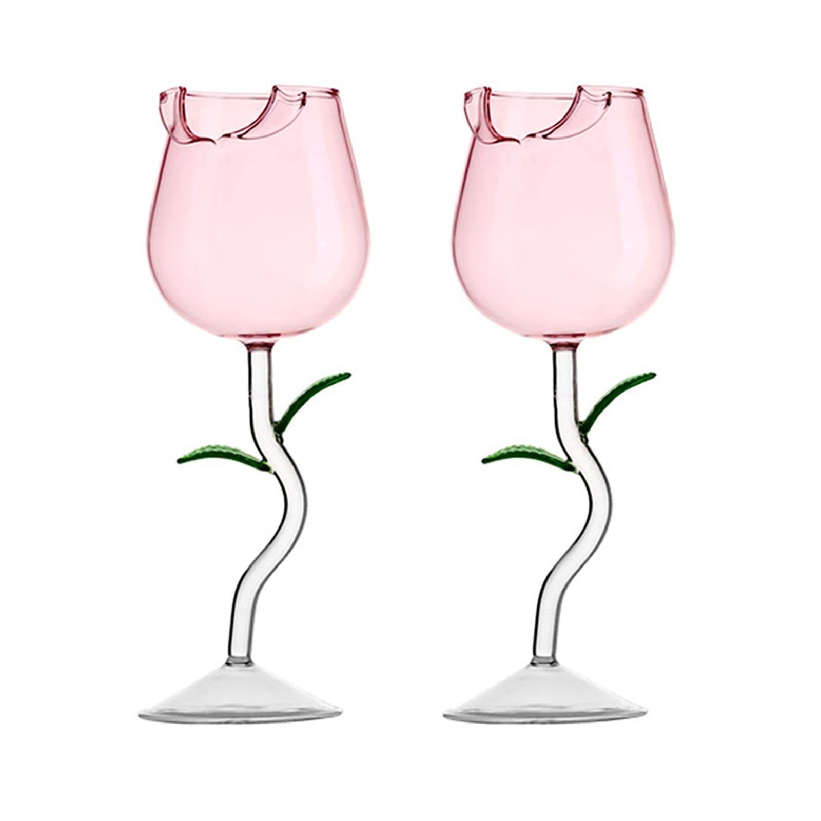JYCRA 2 PCS Rose Shaped Cocktail Cup,Creative Flower Shaped Red Wine Glasses with Lifelike Leaves for Wedding Bar Party,Pink