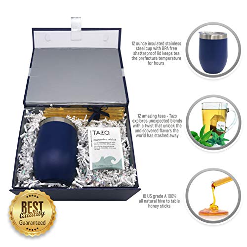 Tea Gift Set for Tea Lovers - Includes Double Insulated Tea Cup 12 Uniquely Blended Teas and All Natural Honey Straws | Tea Gift Sets for Women Men | Tea Gifts Box Presented in Beautiful Gift Box