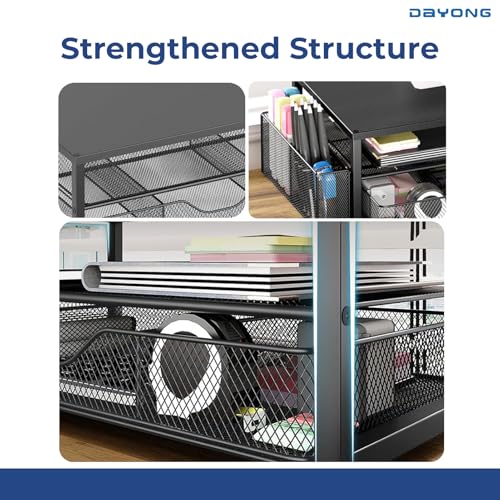 DAYONG Computer Monitor Stand Riser, Desk Organizers and Accessories with Storage Drawers, Metal Monitor Stand with 2 Pen Holders, Desktop Organiser for Home Office Supplies (Black)