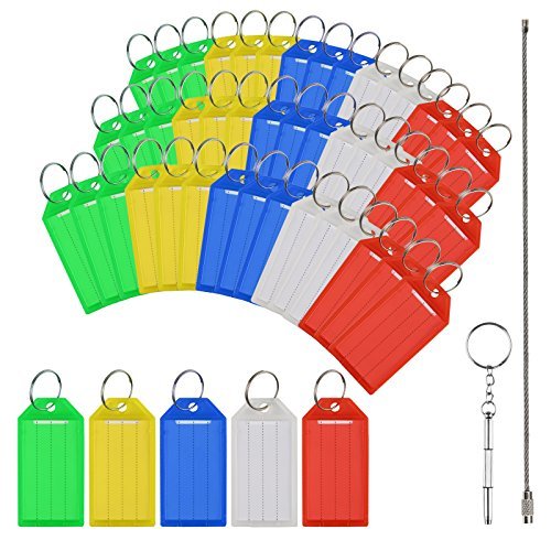 Key Tags,MEZOOM 50 Pcs Assorted Colours Key Ring Tags Holder Key Fobs ID Luggage Labels with Stainless Steel Rope and Metal Key Tool