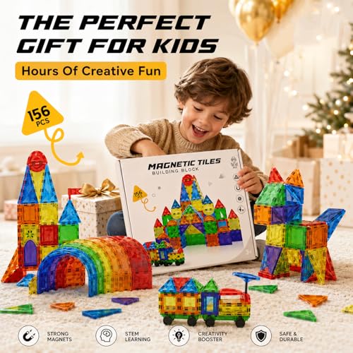156PCS Magnetic Tiles STEM Building Toys Set with 2 Cars, Sensory Stacking Magnetic Blocks for Toddlers & Kids, Ideal for Preschool Montessori Toys Christmas Birthday Gifts for Boys & Girls Ages 3+