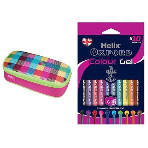 Helix Neon Jumbo Pencil Case & Helix Oxford Colour Gel Pens (10 Pack of Assorted Colours)