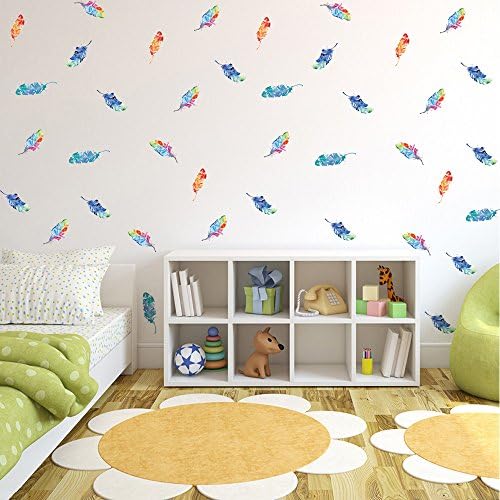 Hacaso 36 PCS 3.7 by 1.5 Inches Colorful Feather Wall Decal Sticker for Kids Bedroom Decor -DIY Home Decor Vinyl Feather Mural Baby Nursery Room Wallpaper