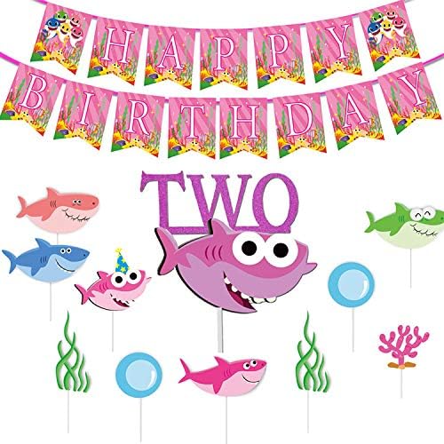 DZH Enjoy 20 Pieces Shark Party Cupcake Toppers, 1 Pack Glitter Cake Topper and 1 Happy Birthday Banner for Birthday Party, Baby Shower and Ocean Party Supplies and Decorations