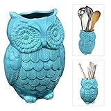 Owl Design Aqua Blue Ceramic Kitchen Cooking Utensil Crock / Office Pencil Holder Pen Container - MyGift