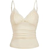 Naileksi Women Y2k Lace Trim Cami Top Spaghetti Strap Fairy Grunge Tank Top V Neck Ruched Bow Lace Patchwork Cami Shirt