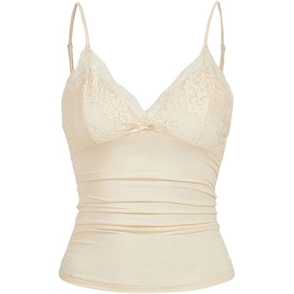 LOFAAC Women Sexy Y2K V Neck Lace Patchwork Cami Shirt Cute